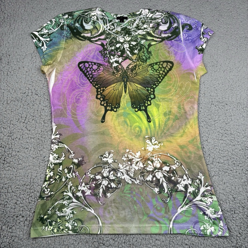 Yukiko T-Shirt Womens Large Floral Butterfly Rhinestone Whimsical Graphic USA